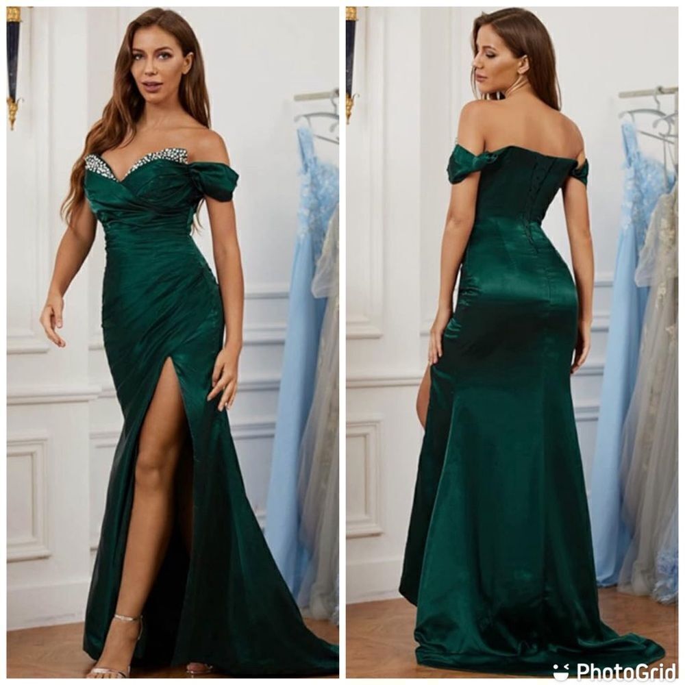 Satin Emerald Green Off The Shoulder Beaded Pleated Long Prom Formal  Dress